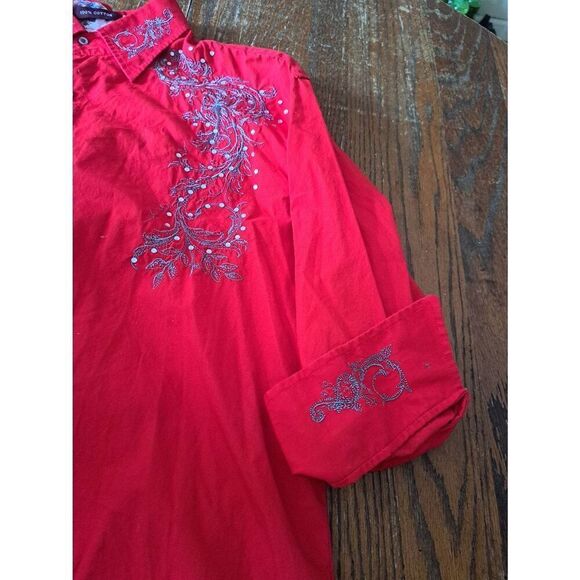 New Large Danesi Jeans Red Grey Embellished Western Hispanic Streetwear Shirt - Picture 4 of 6